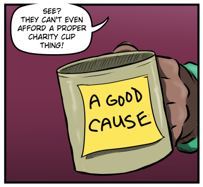 A close up of the mug with a sticky note that reads "A GOOD CAUSE" hand-written.  Tyler says, "See?  They can't even afford a proper charity cup thing!"