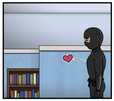 The ninja is still in the same spot.  A cartoon heart floats from the spot Amanda poked him.