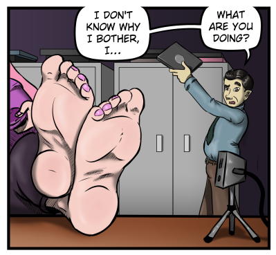 A close-up of Sarah's bare feet on the desk with a camera pointed at them.  In the background Max pulls down a laptop from the top of a cabinet and looks at Sarah's feet with a puzzled look.  He says, "I don't know why I bother, I... What are you doing?"
